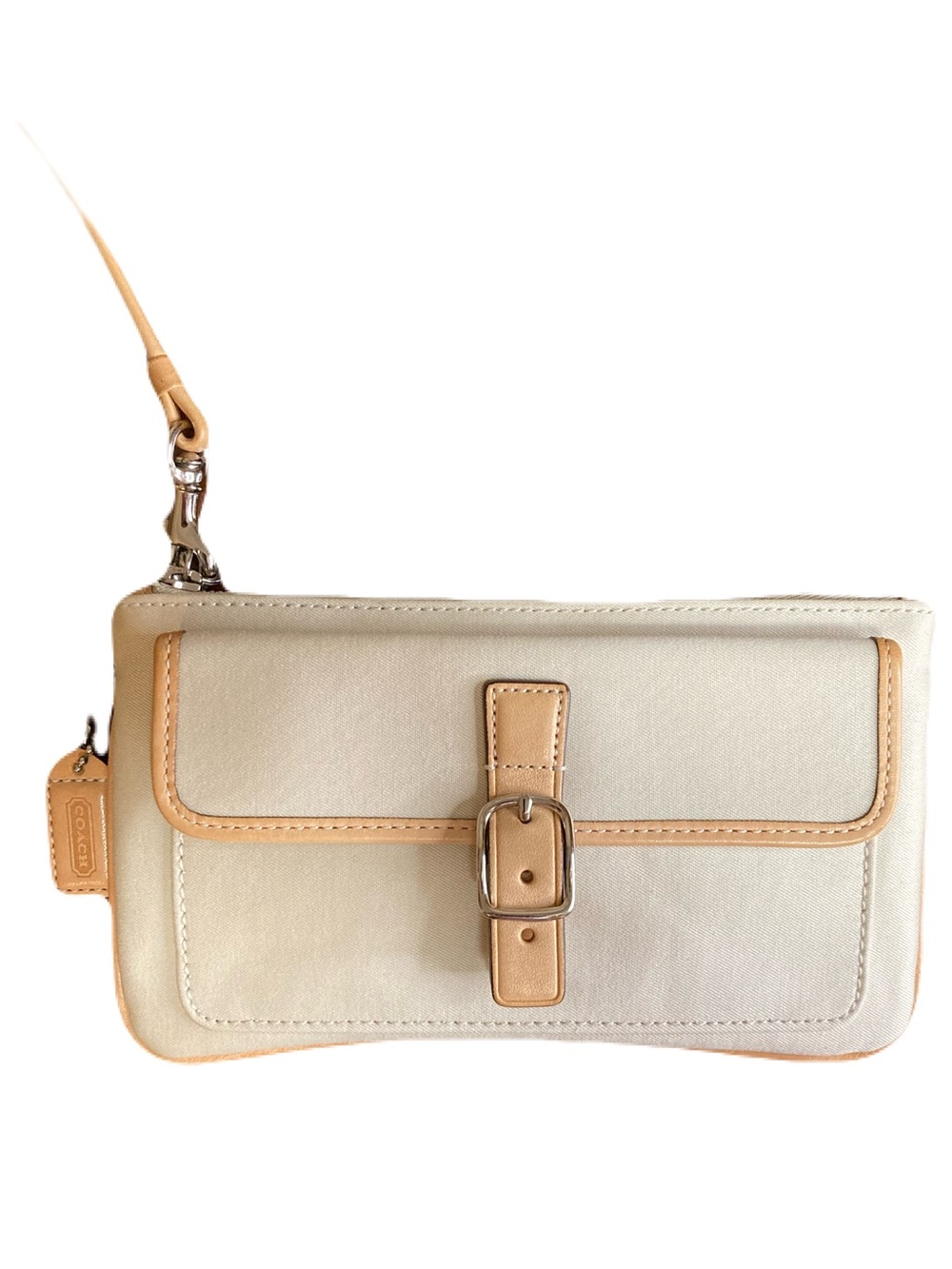 Coach Vintage Soho Twill Canvas Buckle Wristlet Clutch Beige Tan
